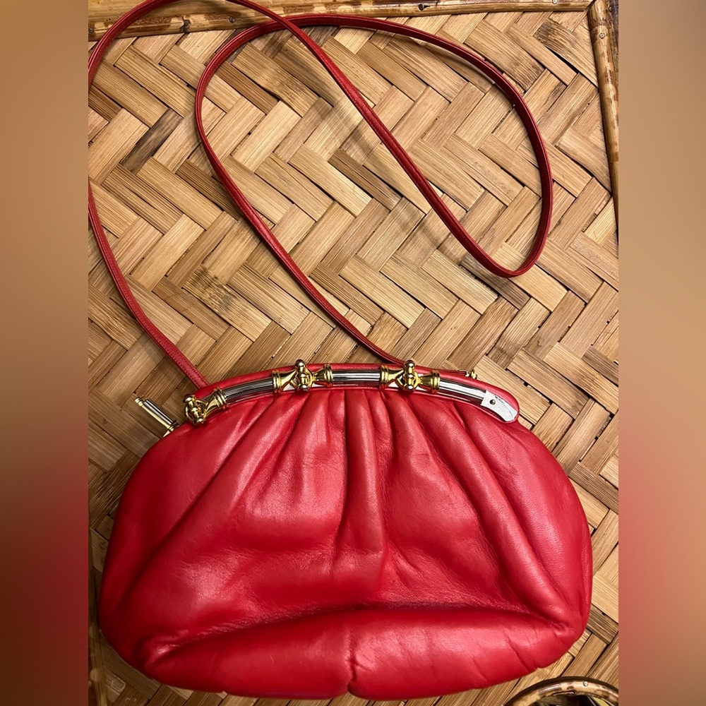 Judith Lieber vintage red leather purse w/ red gemstone detail on gold hardware
